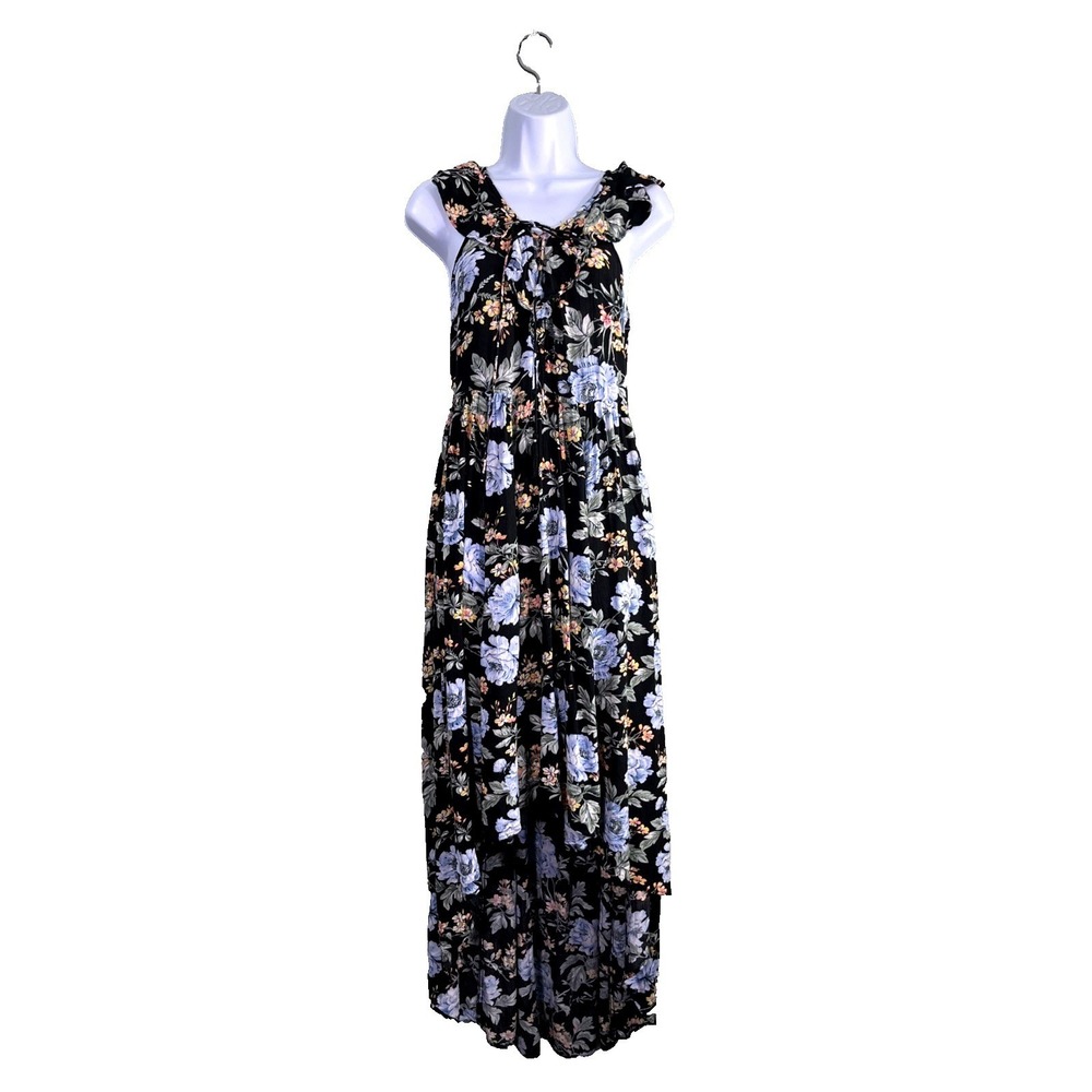 American Eagle Maxi Dress Womens XS Black Floral High Low Boho Lace Up Ruffle